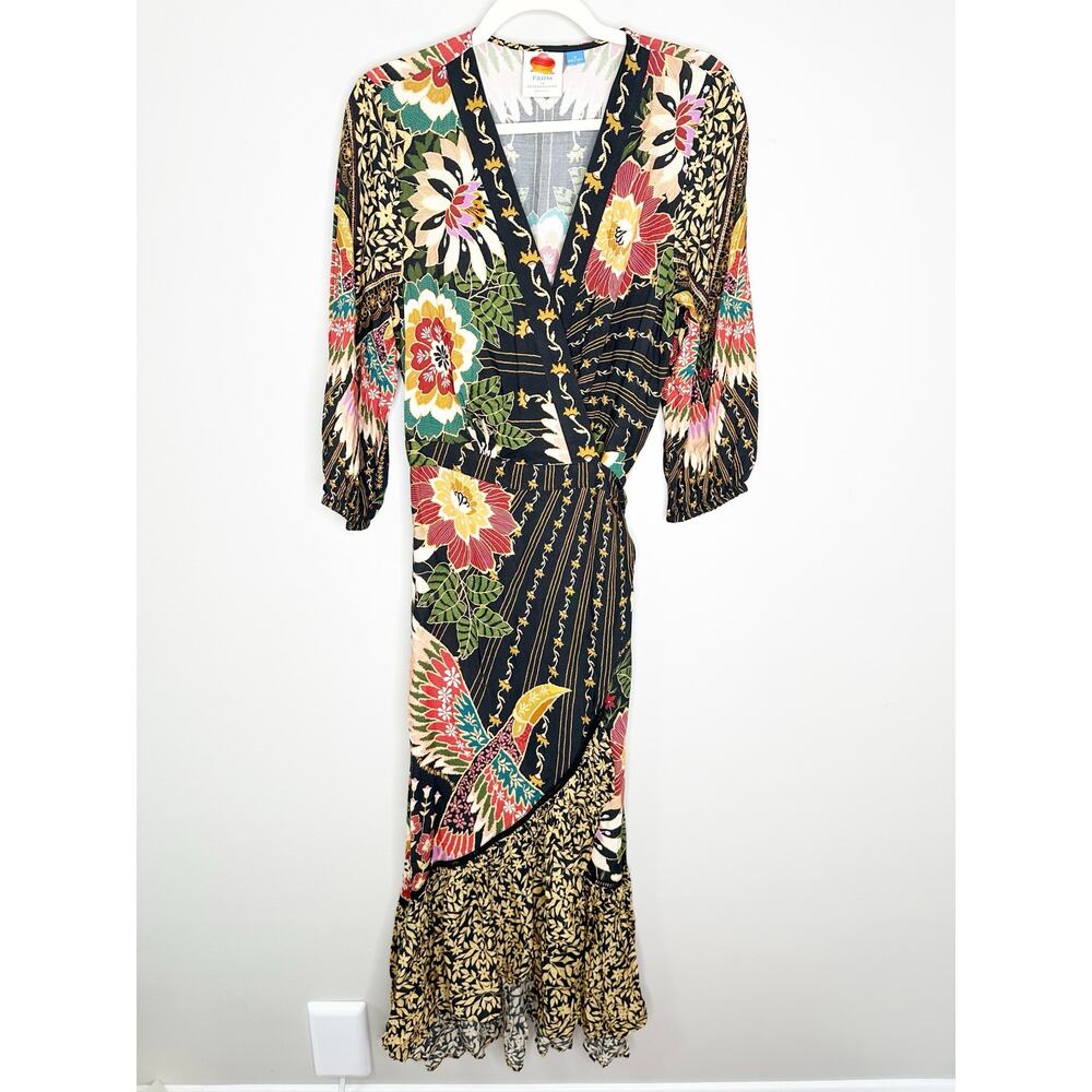 Farm Rio Anthropologie Black Tropical Floral Wrap Maxi Dress Medium - Picture 2 of 9